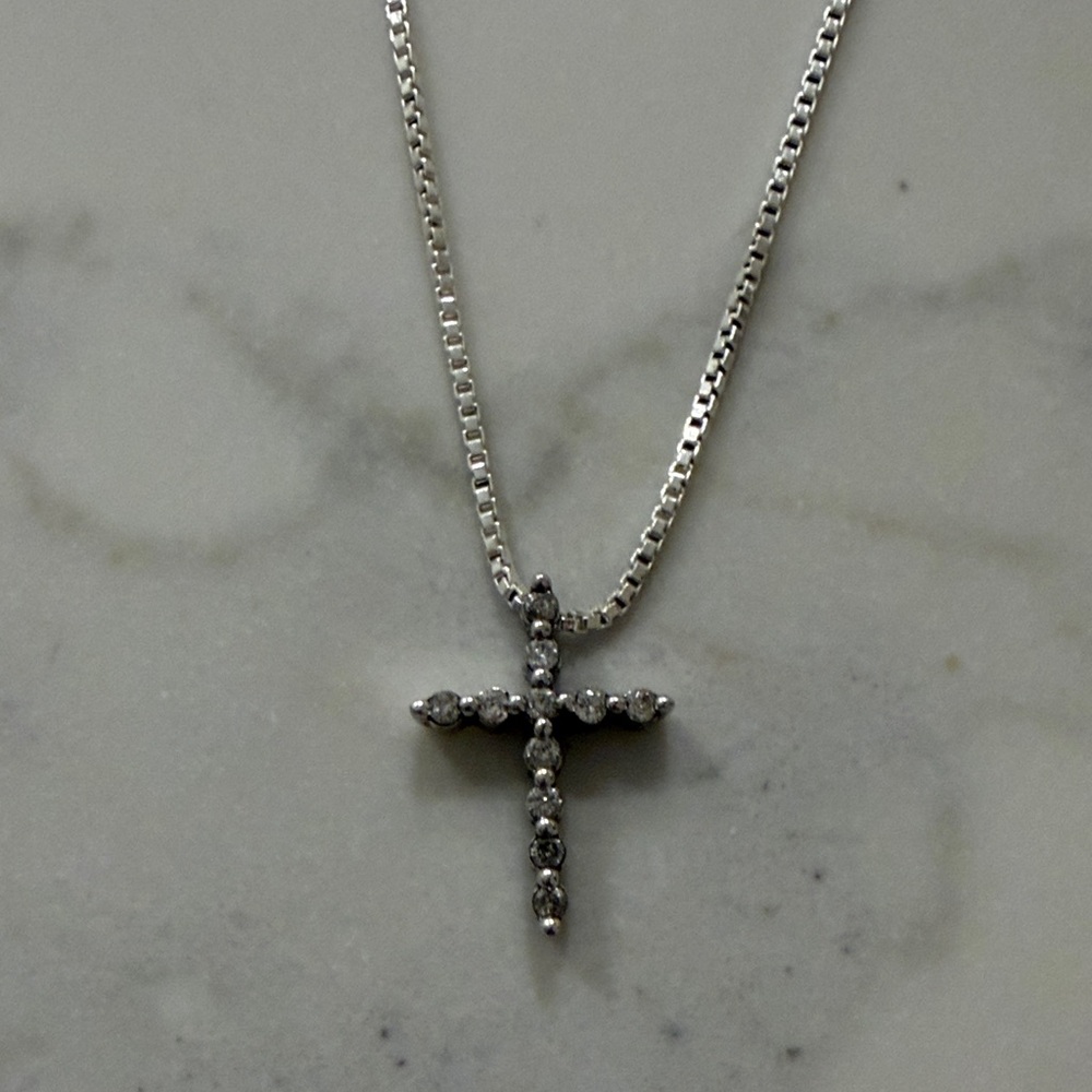 Sterling Silver Cross Pendant Necklace with Diamond Stones - Silver